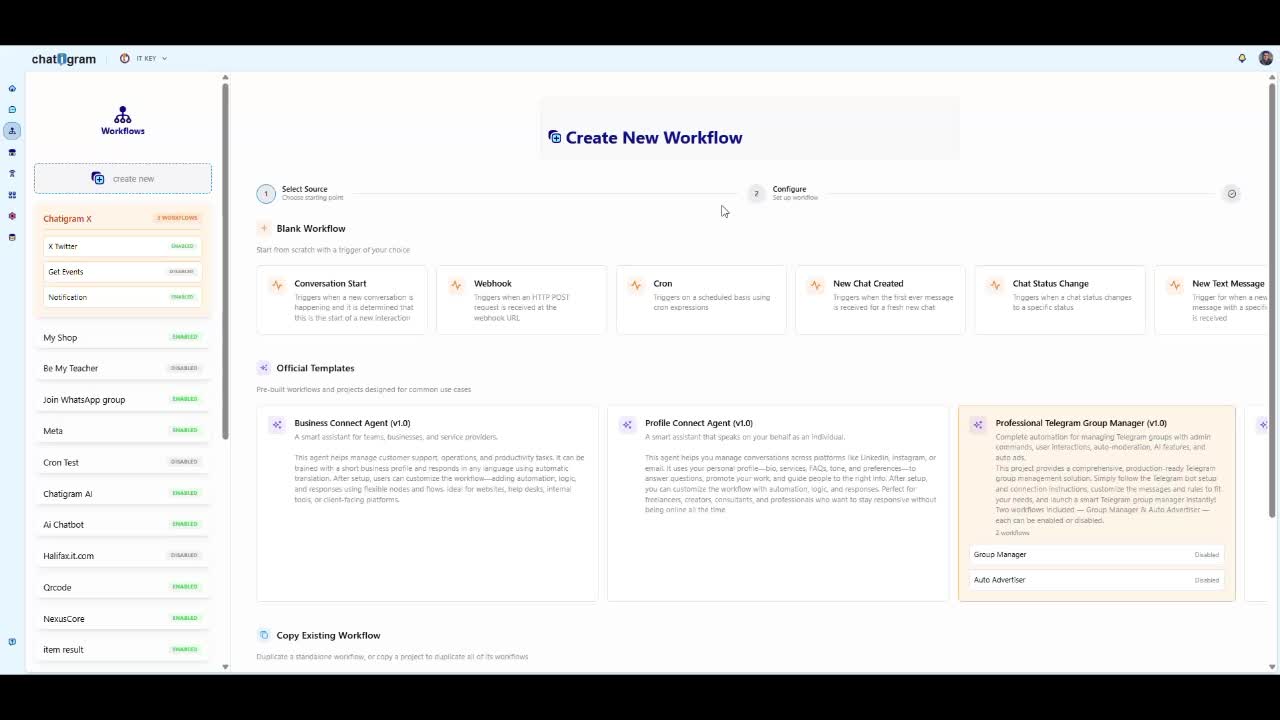 Official Chatigram AI Assistant video preview showing workflow creation and templates
