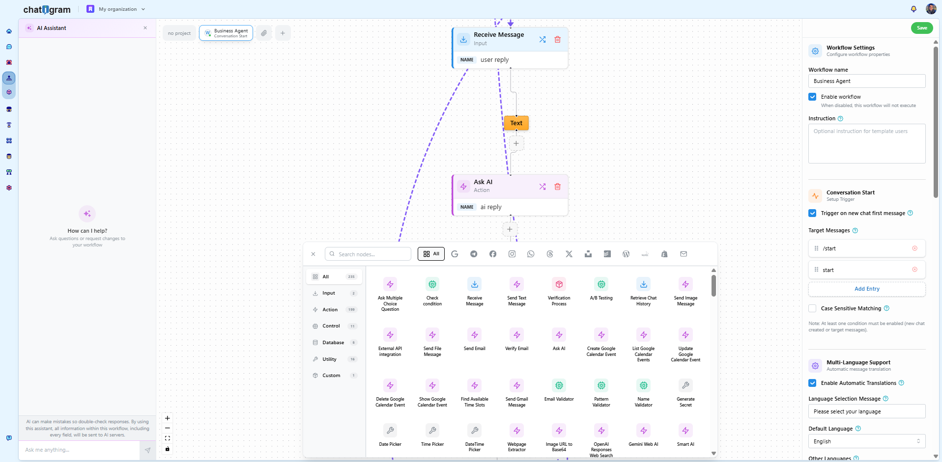 Current Chatigram workflow editor with Receive Message and Ask AI nodes, an AI Assistant and a searchable node library