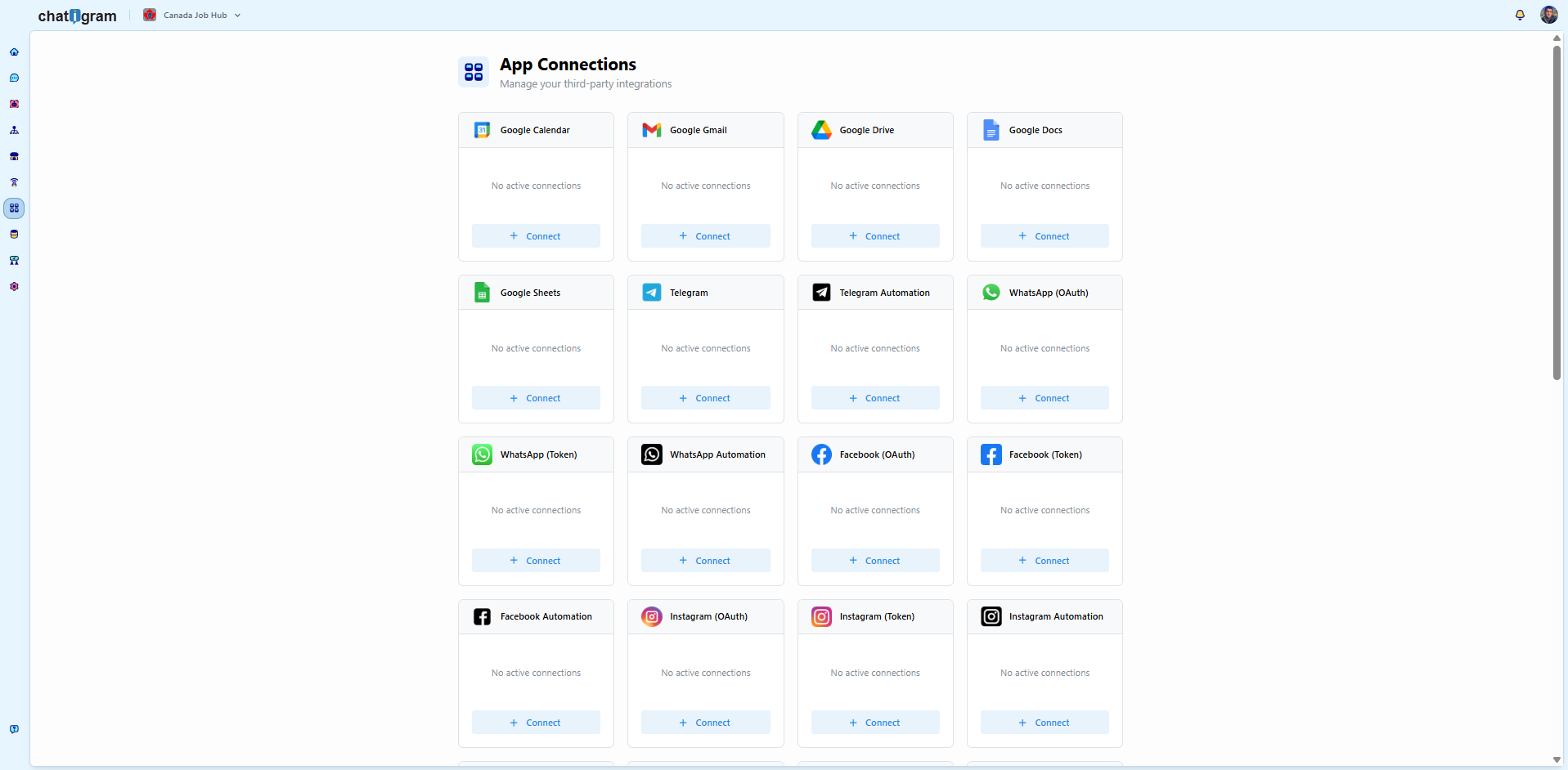 Chatigram app connections for Google Workspace, Telegram, WhatsApp, Facebook and Instagram