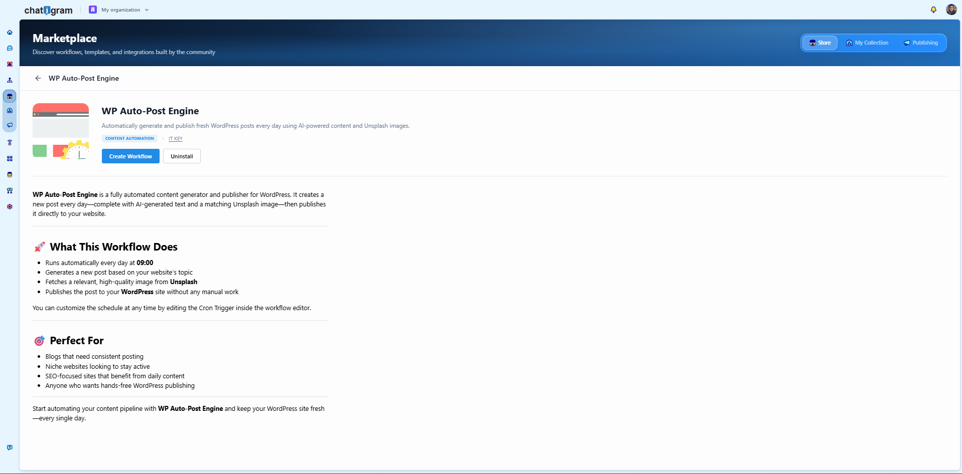 Chatigram Marketplace showing IT KEY’s WP Auto-Post Engine workflow for WordPress publishing